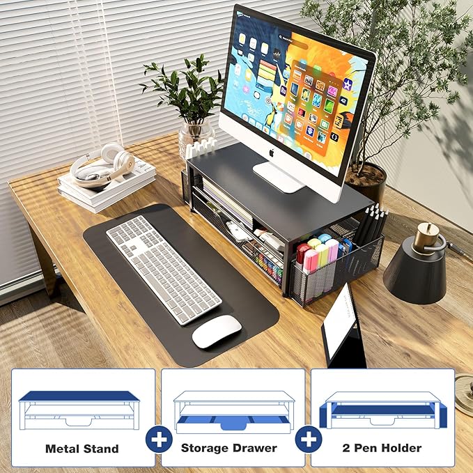 OPNICE Desk Organizer and Accessories, Dual Computer Monitor Stand Riser with Drawer and 2 Pen Holders, Laptop Stand, Office Desk Accessories for Office Supplies, Black 2-Pack
