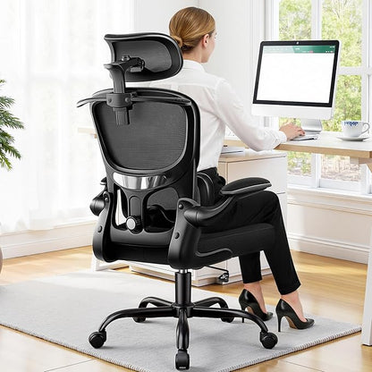 Ergonomic Office Chair, Mesh Desk Chair with Lumbar Support, High Back Home Office Chair with Adjustable Headrest and Flip-Up Arms, Comfortable Computer Chair, Thick Cushion, 300 LBS, Black