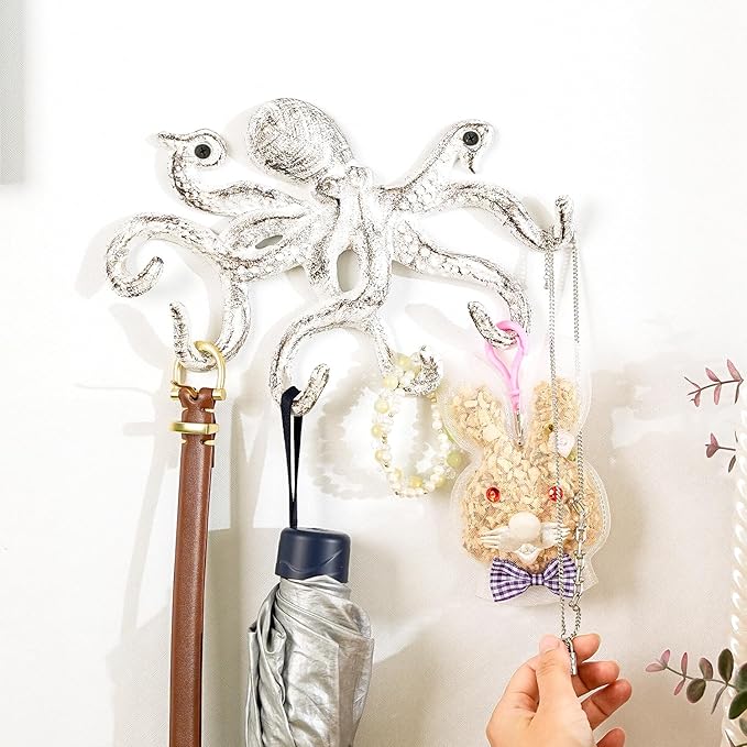 Sungmor Cast Iron Key Holder for Wall, Decorative Octopus Hanger with 6 Hooks, Vintage White Wall Hooks for Towel, Bathrobe, Necklaces, Purse, Dog Leashes, Bathroom Nautical Decor