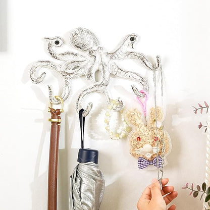 Sungmor Cast Iron Key Holder for Wall, Decorative Octopus Hanger with 6 Hooks, Vintage White Wall Hooks for Towel, Bathrobe, Necklaces, Purse, Dog Leashes, Bathroom Nautical Decor