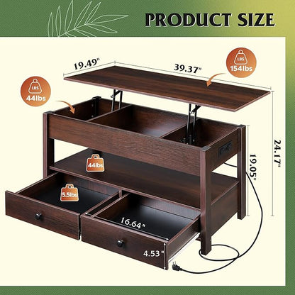 WLIVE Coffee Table, Lift Top Coffee Table with Drawers, LED Light, Large Storage and Open Shelf, Lift Tabletop for Living Room, Espresso