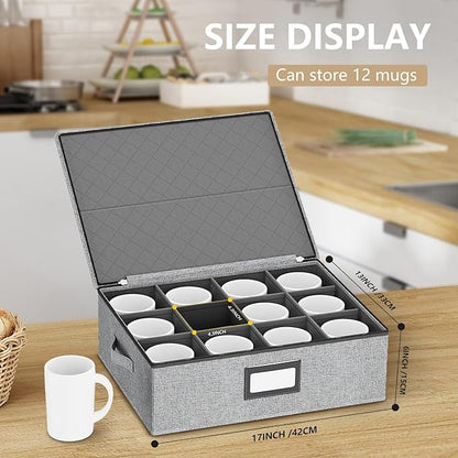 homyfort Mug Storage Box with Dividers, China Coffee Mug Storage Containers Holder Organizer Hard Shell, Service for 24 Coffee Mugs or Tea Cups (Grey)