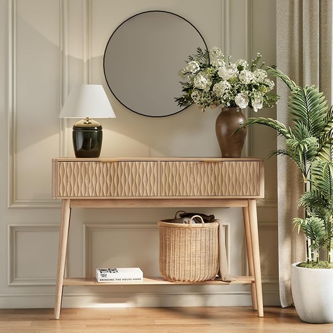 Console Table with Solid Wood Legs, Boho Modern Entryway Table with Storage Drawers, Fluted Narrow Sofa Table for Hallway,Living Room, Light Oak