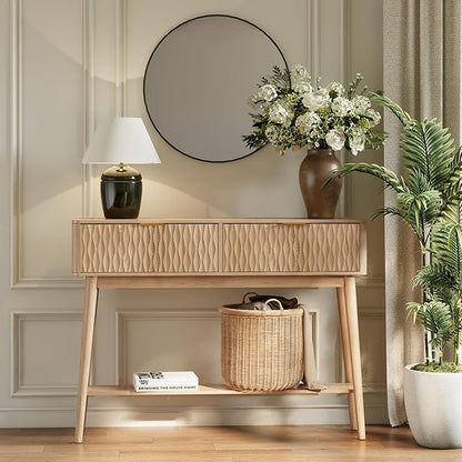 Console Table with Solid Wood Legs, Boho Modern Entryway Table with Storage Drawers, Fluted Narrow Sofa Table for Hallway,Living Room, Light Oak
