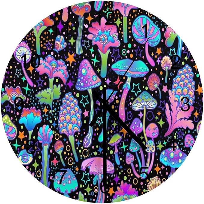 Botanical Wall Clock 12 Inch Silent Non Ticking Clock Wooden, Psychedelic Fantasy Magic Colorful Botanical Mushrooms Wall Clock Battery Operated Kitchen Bedroom Living Room Decor