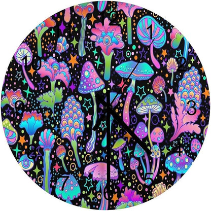 Botanical Wall Clock 12 Inch Silent Non Ticking Clock Wooden, Psychedelic Fantasy Magic Colorful Botanical Mushrooms Wall Clock Battery Operated Kitchen Bedroom Living Room Decor