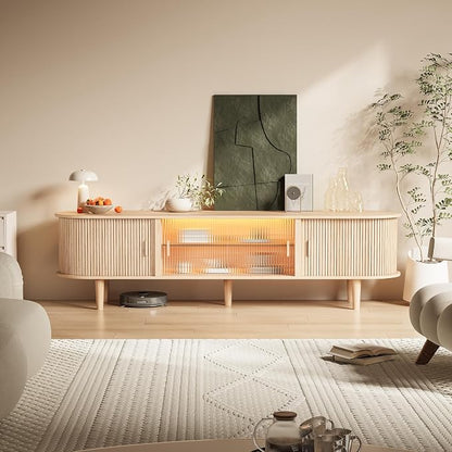70" Fluted TV Stand with LED Lights for TVs up to 75 Inch, Mid Century Modern Entertainment Center with Sliding Doors & Glass Shelf, TV Console Table Media Console for Living Room, Natural Oak