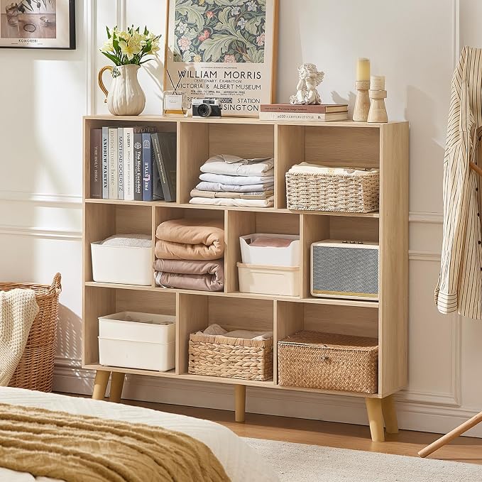 LEYAOYAO 10 Cube Bookshelf,3 Tier Modern Wide Bookcase with Legs,Mid-Century Wood Bookshelves Storage，Light Wood Large Book Case,Freestanding Organizer Display Shelf for Bedroom,Living Room,Office