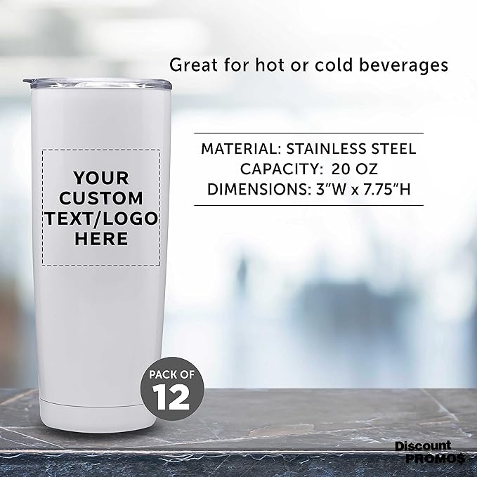 Custom Pipette Stainless Steel Coffee Tumblers 20 oz. Set of 12, Personalized Bulk Pack - Double Wall, Perfect for Coffee, Hot Cocoa, Other Hot & Cold Beverages - White