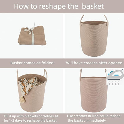 XUANGUO Cotton Rope Laundry Basket Hamper for Clothes Woven Storage Basket for Living Room Bedroom Boho Tall Rope Baskets for Blanket Toys Pillow Towels Baby Nursery Hamper Bin Konjac