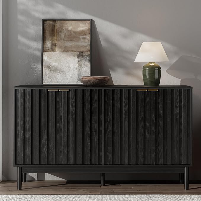 Fluted Cabinet with Storage, Buffet Cabinet Sideborad with 4 Doors, Black Buffet Storage Accent Cabinets with Adjustable Shelves for Living Room, Entry, Hallway, Kitchen