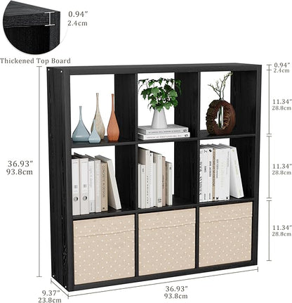 Cube Storage Organizer Bookcase, Decorative 11 inch Open Back Cubical Shelf with Thickened Border, Display Bookshelf for Living Room, Home Office, Sturdy Room (Black, 9 Cube)