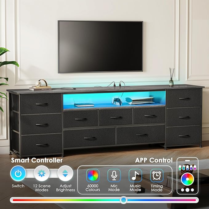 Huuger 70 Inch TV Stand for 75, 80 Inch TV, 11 Drawer Long Dresser with Power Outlets and LED Lights, Entertainment Center with Storage, Grey Dresser with PU Leather Surface