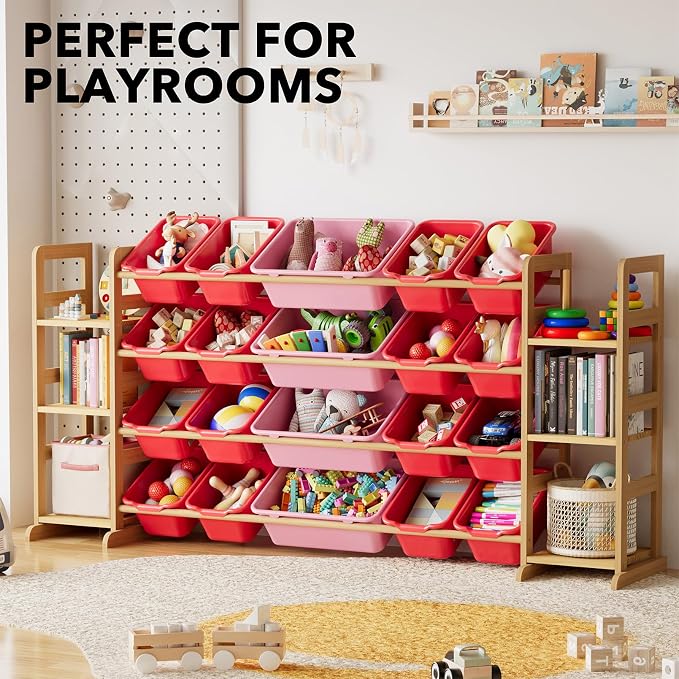 SpaceAid Toy Storage Organizer with 6 Shelves and 20 Bins, Toy Organizers Storage Bookshelf, Kids Bin Shelf Toys Box Bookcase for Bedroom Playroom Organization Room Decor, Red and Pink