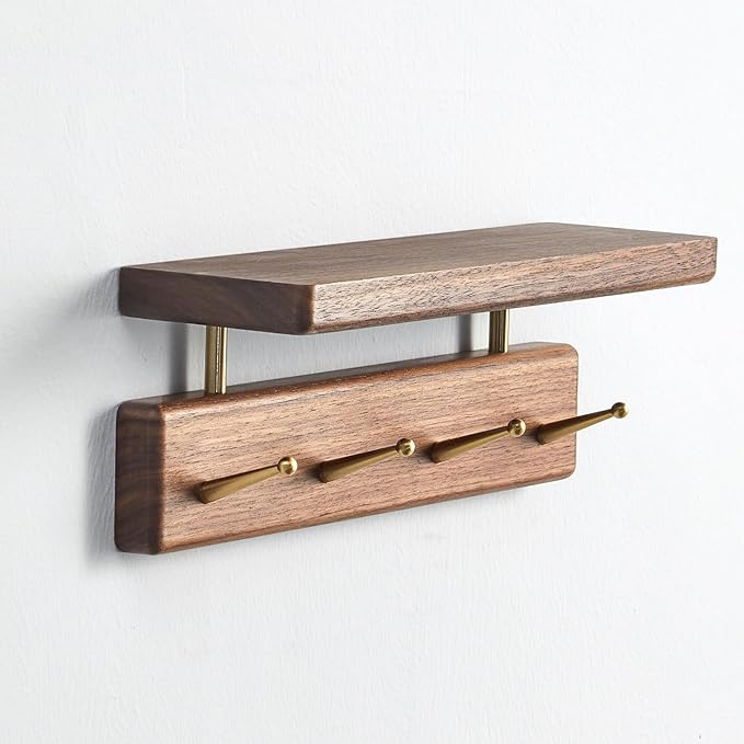 Solid Wood Shelf with Hooks, 12 inch Coat Rack Wall Mount, Shelves with 4 Brass Hooks for Hanging in Entryway, Living Room, Bathroom, Bedroom, Kitchen(Walnut)