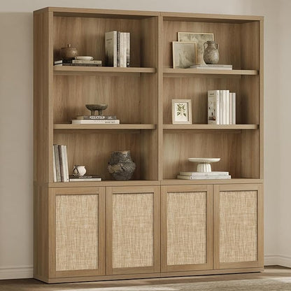 SICOTAS 70.5" Tall Bookshelf - Rattan 5-Tier Bookcase with Doors, Boho Farmhouse Book Shelf Case with Storage Cabinet, Large Bookshelves for Living Room Home Office(Amber Oak, 2 Pieces)