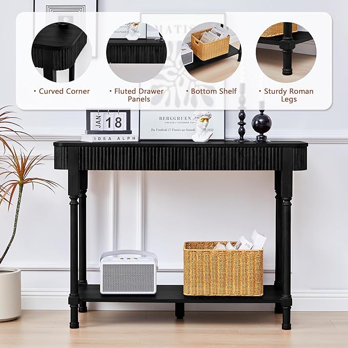Fluted Console Table for Entryway, 43.3'' Narrow Entryway Tables with 2 Wooden Drawers, Retro Sofa Table Slim Behind Couch Accent Tables for Foyer, Living Room, Hallway (Black)