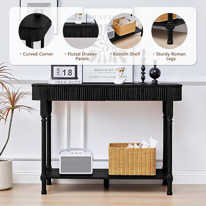 Fluted Console Table for Entryway, 43.3'' Narrow Entryway Tables with 2 Wooden Drawers, Retro Sofa Table Slim Behind Couch Accent Tables for Foyer, Living Room, Hallway (Black)