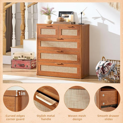 LEYAOYAO Rattan Dresser for Bedroom Set of 2, 33.5" Tall Chest of Drawers, Modern 5 Drawers Boho Dressers with Storage, Vintage Brown Dresser Wooden Closet Organizer for Living Room, Hallway