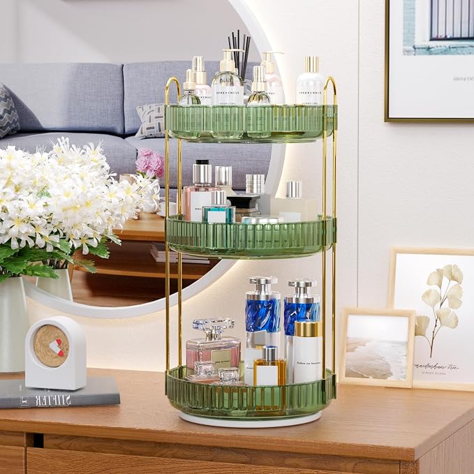 GTI 360°Rotating Makeup Organizer, 3 Tier Large Capacity Perfume Cosmetics Skincare Vanity Organizers,Bathroom Counter Organizer, Dresser Spinning Countertop Organizer and Storage for Women (Green)