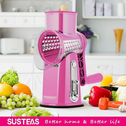 SUSTEAS Rotary Cheese Grater with Handle - Vegetable Shredder with 5 Well-designed Blades & Strong Suction Base,Round Mandoline Slicer & Food Chopper for Kitchen,with Blade Storage Box(Pink)