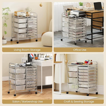 LDAILY 12 Drawer Rolling Storage Cart, Rolling Cart with Drawers for Classroom, Art Supply Craft Organizer on Wheel with Metal Frame & Handles for Home Office School (Clear, 12 Drawer Left-Right)
