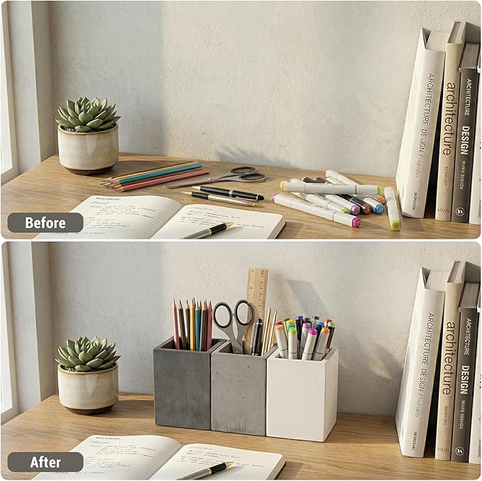 MyGift Pen Holder Pencil Holder For Desk,Pen Cup Holder For Desk,Concrete Desktop Pencil Cup,Modern Gray-Tone,Set of 3