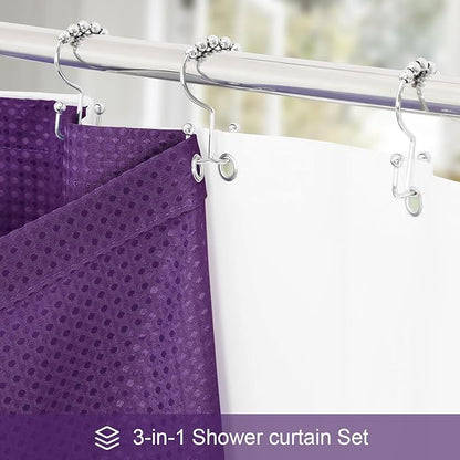 3 in 1 Shower Curtain Set, Purple Waffle Shower Curtain and PEVA Liner Set with 12 Stainless Steel Shower Curtain Hooks, Waterproof Fabric Shower Curtains for Bathroom, 72 W x 72 H