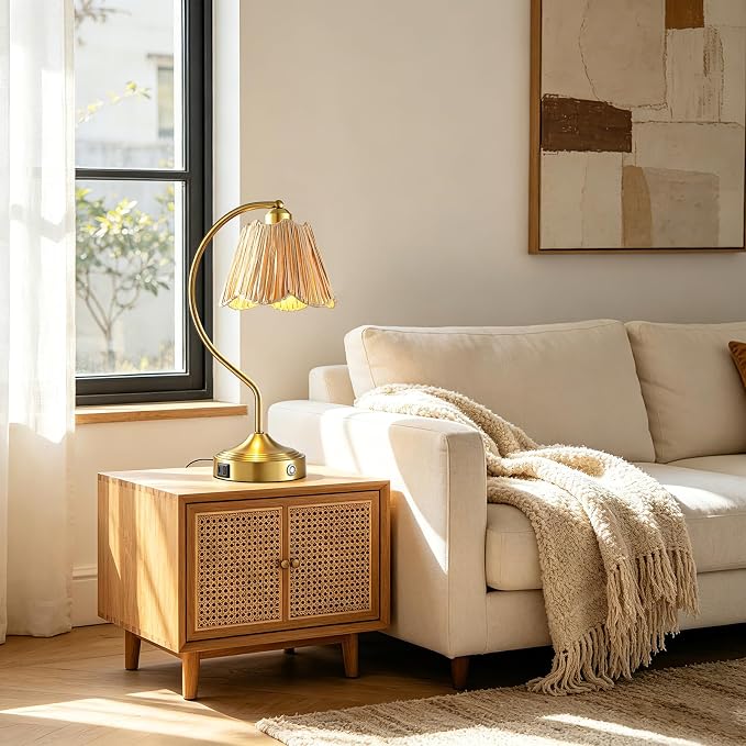 Set of 2 Boho Rattan Small Touch Table Lamps with USB C+A Ports | Bedroom Farmhouse Lamp and Retro Rattan Shade for Living Room Entryway Office, LED Bulbs Included