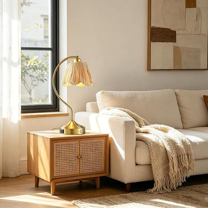 Set of 2 Boho Rattan Small Touch Table Lamps with USB C+A Ports | Bedroom Farmhouse Lamp and Retro Rattan Shade for Living Room Entryway Office, LED Bulbs Included