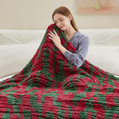 Negwoo Chunky Knit Throw Blanket, 80''*90'' Knitted Throw Chenille Yarn for Bed Couch, Handmade Stripe Crochet Big Thick Blanket, Machine Washable Cute Comfy Blanket for Home Decor