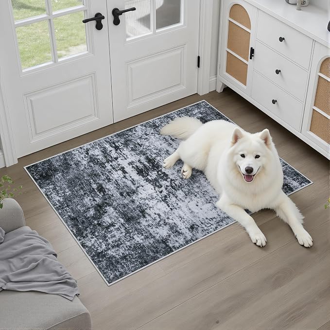 Washable Area Rug 2x3 Entryway Rug: Washable Modern Abstract Soft Thin Rug Indoor Floor No Slip Stain Resistant Carpet for Bedroom Dining Room Farmhouse Nursery Home Office - Black