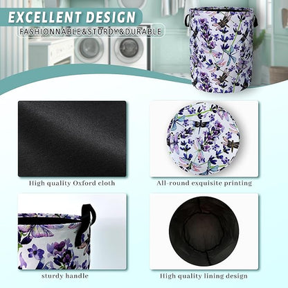 Dragonfly Laundry Basket Foldable With Handles Purple Floral Tote Bag Oxford Cloth Colorful Laundry Hamper Clothes Storage Bucket Toy Organizer For Bathroom/Laundry/Bedroom 18.9" x 16.5 "