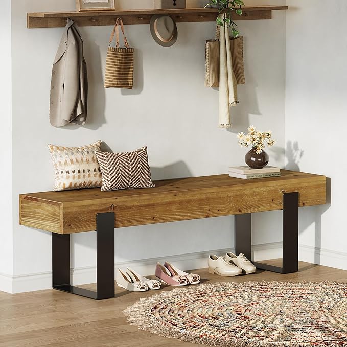 Solid Wooden Entryway Bench, 63" Farmhouse Indoor Shoe Bench with Metal Legs, Industrial Long End of Bed Stool with Seating for Entry, Hallway, Porch, Living Room, Mudroom, Easy Assembly