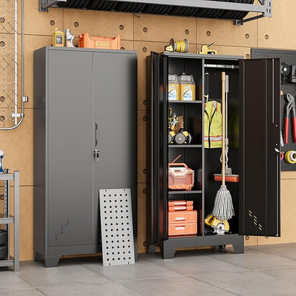 Storage Cabinet 61" H, Metal Tools Storage Cabinet with Lockable Doors and Shelves, Outdoor Storage Sheds with Removable Pegboard for Garage, Utility Room, Office