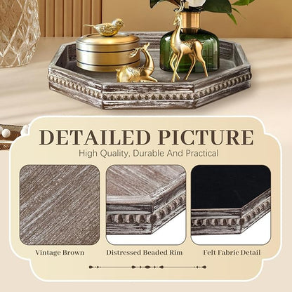 Wooden Decorative Tray, Small Serving Tray with Wood Bead, Farmhouse Big Tray for Ottoman, Countertop, Coffee Tabl, 13" x 13"x 1.6" (Retro Brown)