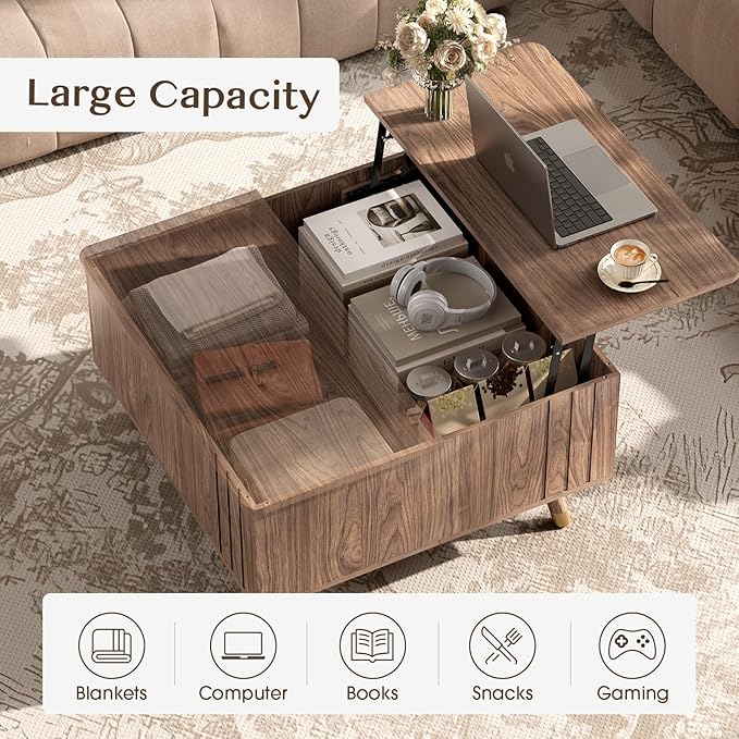 SULIVES Lift Top Coffee Table with Storage,Square Coffee Table with Lifting Top,Modern Center Table with Solid Wood Legs,Small Coffee Tables for Living Room,Walnut