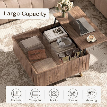 SULIVES Lift Top Coffee Table with Storage,Square Coffee Table with Lifting Top,Modern Center Table with Solid Wood Legs,Small Coffee Tables for Living Room,Walnut