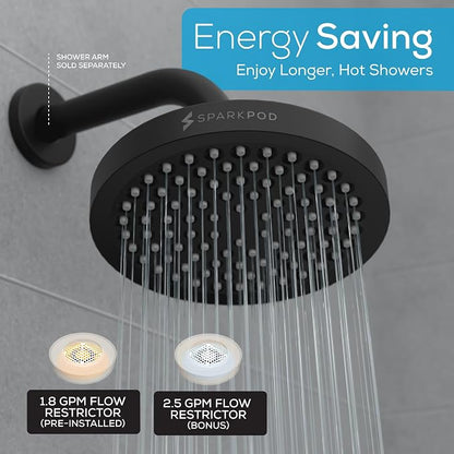 SparkPod Rain Shower Head, 6 Inch Round | High Pressure Shower Heads, 90 Nozzle (Touch-to-Clean), Adjustable Showerhead, No-tool Universal Connection