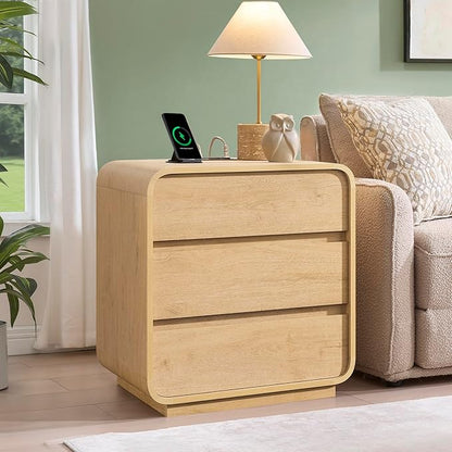 Modern Nightstand Set of 2, 23.2" Large Wood Night Stand with Charging Station & Curved Profile, 3 Storage Drawers Dresser Bedside Table, Mid-Century End Table for Bedroom Sofa, Natural