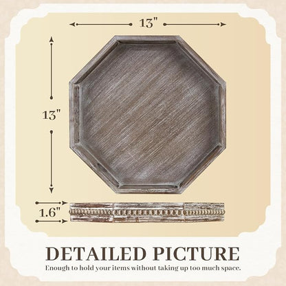 Wooden Decorative Tray, Small Serving Tray with Wood Bead, Farmhouse Big Tray for Ottoman, Countertop, Coffee Tabl, 13" x 13"x 1.6" (Retro Brown)