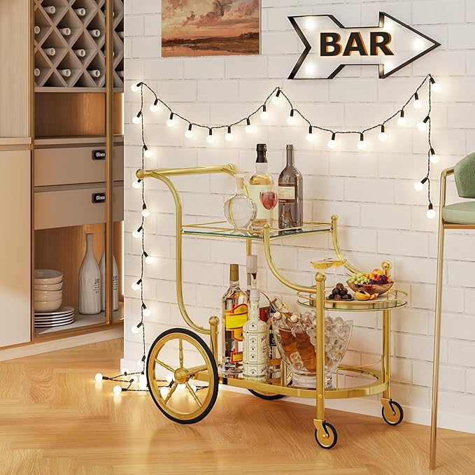 Tangkula Bar Cart, 3-Tier Rolling Home Bar Serving Cart with Mirrored Shelves & 4 Wheels, Mobile Beverage & Wine Cart for Kitchen, Dining Room, Living Room (Gold)