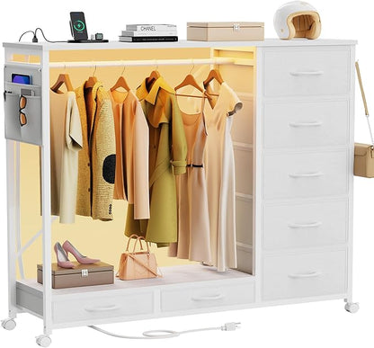 Dresser with Hanging Rack, Dresser for Bedroom with Led Lights and Charging Station, 7 Drawers Storage Chest with Hooks and Clothes Rack, Nursery White