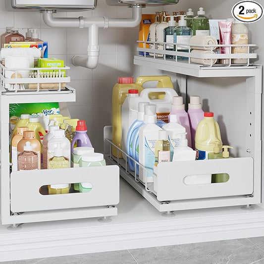 Under Sink Organizer Upgrade To Professional Rails,2-Tier Dual Pull Out Cabinet Storage,Height Adjustable Slide Out Drawers For Bathroom Kitchen,2 Pack-18.5"Dx12.8"-16.9"H,White