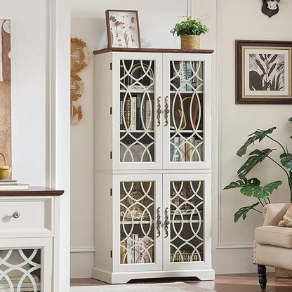 67" Tall Pantry Cabinet Set of 3, Vintage Kitchen Pantries Cabinets with Glass Doors & Adjustable Shelves, Wood Cupboard with Large Storage for Dingning Room, Bathroom, Antique White