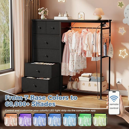 OLIXIS 6 Storage for Bedroom with Hanging Rack with LED Lights & Charging Station, Fabric Chest of Storage with Rack, Wooden Top, for Home Living Room Entryway Black