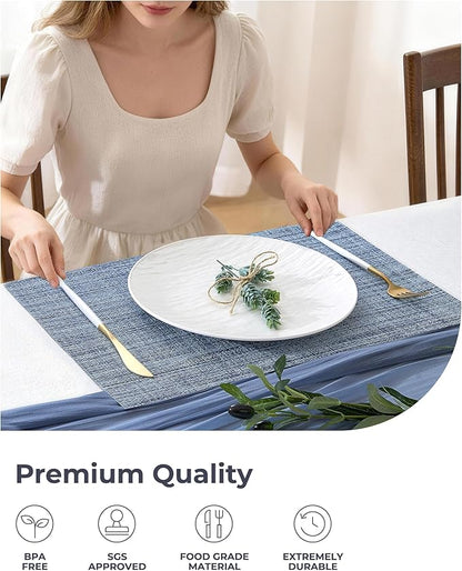 Leetaltree Deep Navy Woven Placemats Set of 4 - Heat Resistant Non-Slip Place mats for Dining Table, Washable Durable PVC Vinyl Woven Table Mats(Deep Navy, 4)