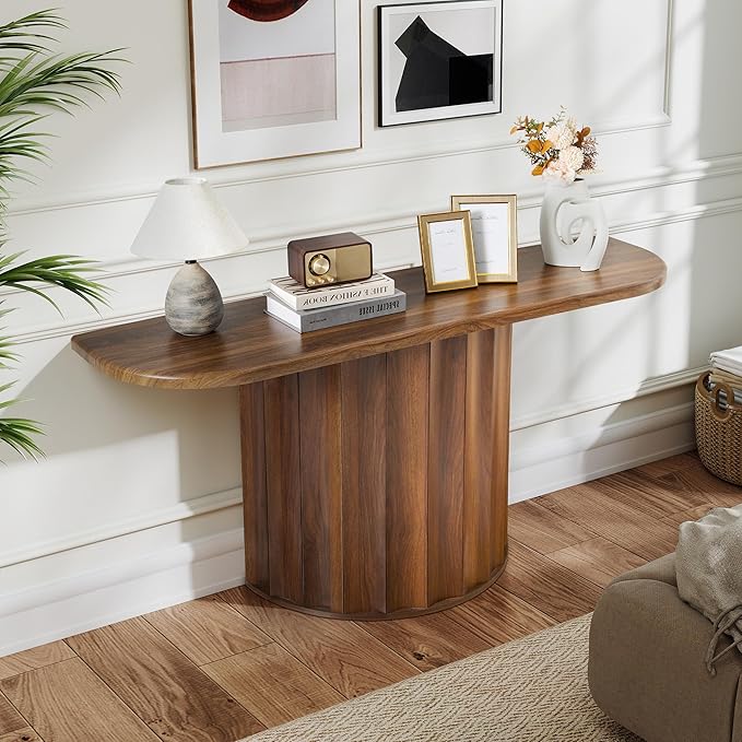 Fluted Console Table, 59'' Narrow Wooden Sofa Tables Behind Couch, Modern Entryway Table with Storage Curved Accent Table for Hallway, Living Room, Entrance, Foyer (Walnut)