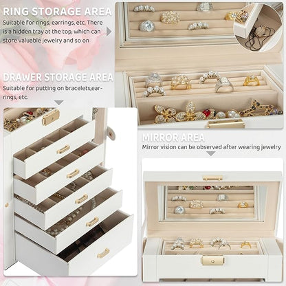 AKOZLIN Large 6-Tier Jewelry Box Lockable Leather Jewelry Storage Case with 5 Drawers for Women Girls Ring Necklace Earring Bracelet Holder Organizer with Mirror
