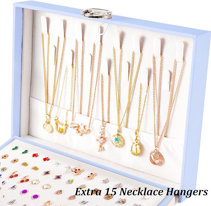 QBestry Earrings Jewelry Box for Girls, 5 Layers Jewelry Organizer with Earring Holder Organizer for Girls Earring Organizer Jewelry Boxes for Women Earrings and Necklaces Jewelry Box Organizer Blue